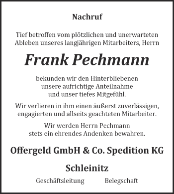 Traueranzeige von Frank Pechmann von WVG - Wochenspiegel NMB / WSF / ZTZ