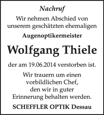 Traueranzeige von Wolfgang Thiele von Super Sonntag Dessau / Köthen