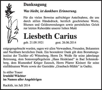 Traueranzeige von Liesbeth Carius von Super Sonntag Wittenberg