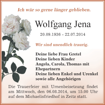Traueranzeige von Wolfgang Jena von Super Sonntag Zeitz