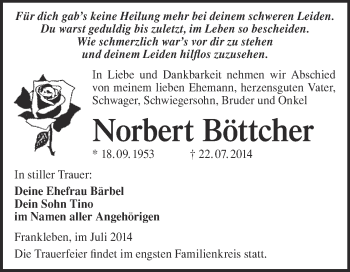 Traueranzeige von Norbert Böttcher von WVG - Wochenspiegel Merseburg