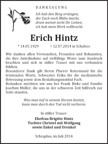 Traueranzeige von Erich Hintz von WVG - Wochenspiegel Merseburg