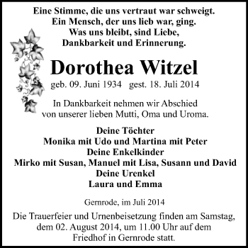Traueranzeige von Dorothea Witze von WVG - Wochenspiegel Quedlinburg