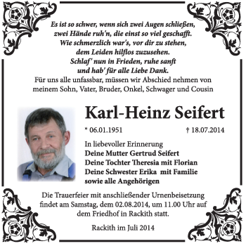Traueranzeige von Karl-Heinz Seifert von Super Sonntag Wittenberg