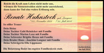 Traueranzeige von Renate Huhnstock von WVG - Wochenspiegel Quedlinburg