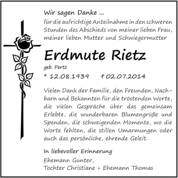 Traueranzeige von Erdmute Rietz von WVG - Wochenspiegel Dessau / Köthen