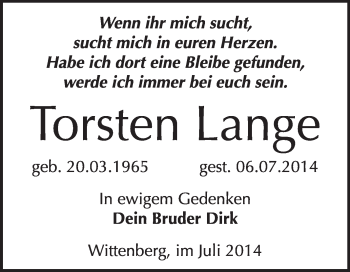 Traueranzeige von Thorsten Lange von WVG - Wochenspiegel Wittenberg