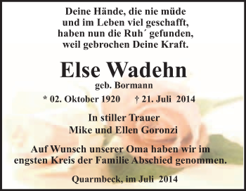 Traueranzeige von Else Wadehn von WVG - Wochenspiegel Quedlinburg