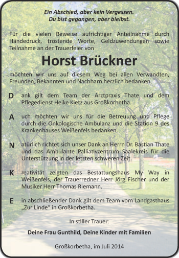 Traueranzeige von Horst Brückner von WVG - Wochenspiegel NMB / WSF / ZTZ