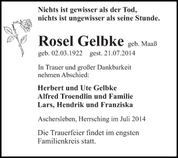 Traueranzeige von Rosel Gelbke von WVG - Wochenspiegel Quedlinburg