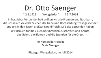 Traueranzeige von Otto Saenger von Super Sonntag Merseburg