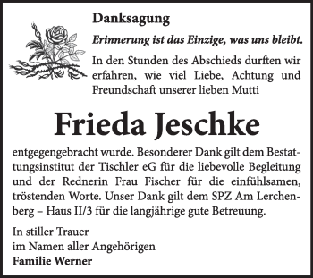 Traueranzeige von Frieda Jeschke von WVG - Wochenspiegel Wittenberg
