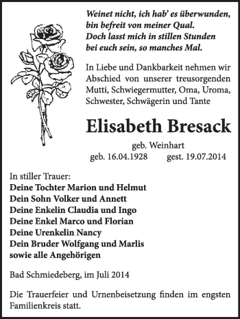 Traueranzeige von Elisabeth Bresack von WVG - Wochenspiegel Wittenberg
