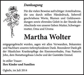 Traueranzeige von Martha Wolter von WVG - Wochenspiegel Wittenberg