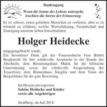 Traueranzeige von Holger Heidecke von WVG - Wochenspiegel Quedlinburg