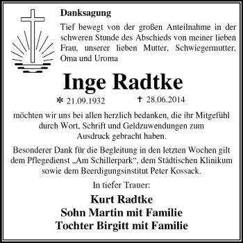 Traueranzeige von Inge Radtke von Super Sonntag Dessau / Köthen