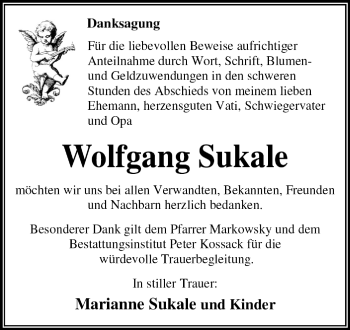 Traueranzeige von Wolfgang Sukale von Super Sonntag Dessau / Köthen