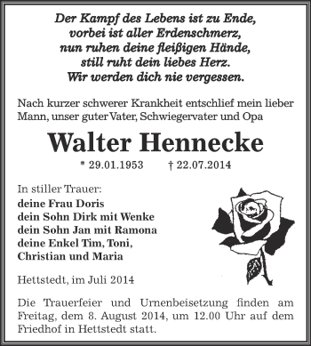 Traueranzeige von Walter Hennecke von Wochenspiegel Mansfelder Land