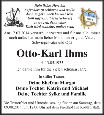 Traueranzeige von Otto-Karl Ihms von Super Sonntag Dessau / Köthen