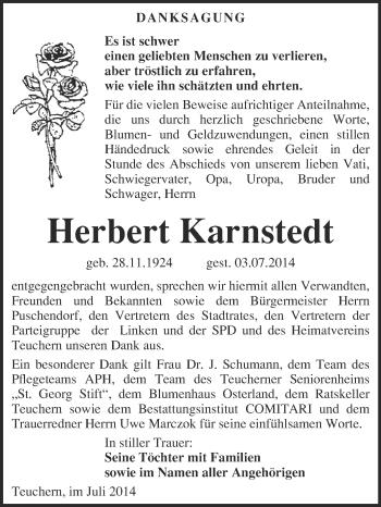 Traueranzeige von Herbert Karnstedt von WVG - Wochenspiegel NMB / WSF / ZTZ