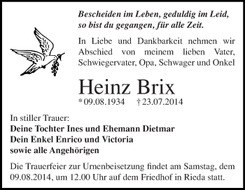 Traueranzeige von Heinz Brix von Super Sonntag Halle