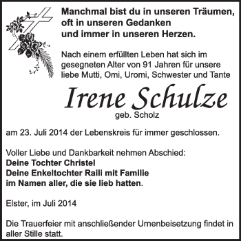 Traueranzeige von Irene Schulze von WVG - Wochenspiegel Wittenberg