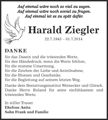 Traueranzeige von Harald Ziegler von Super Sonntag Bernburg