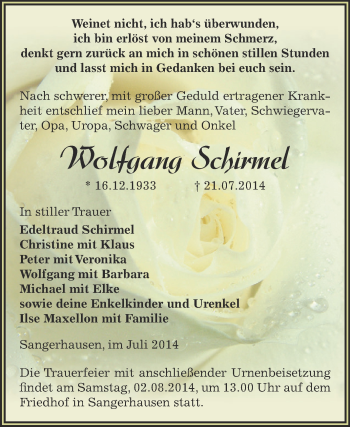Traueranzeige von Wolfgang Schirmel von Super Sonntag SGH Mansf. Land