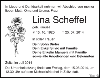 Traueranzeige von Lina Scheffel von Super Sonntag Zeitz
