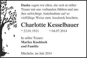 Traueranzeige von Charlotte Kesselbauer von WVG - Wochenspiegel Merseburg