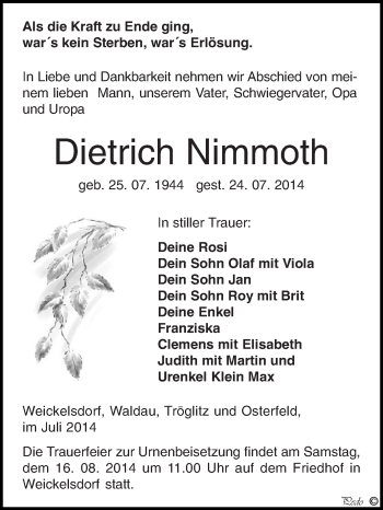 Traueranzeige von Dietrich Nimmoth von Super Sonntag Zeitz