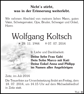 Traueranzeige von Wolfgang Koltsch von Super Sonntag Zeitz