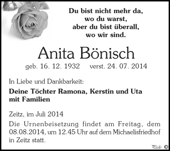 Traueranzeige von Anita Bönisch von Super Sonntag Zeitz