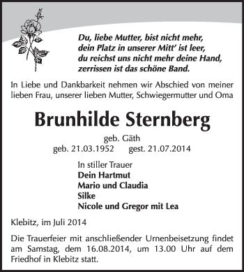 Traueranzeige von Brunhilde Sternberg von WVG - Wochenspiegel Wittenberg