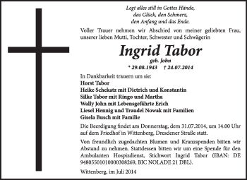 Traueranzeige von Ingrid Tabor von Super Sonntag Wittenberg