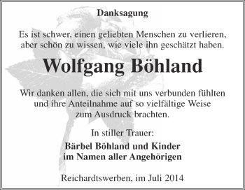 Traueranzeige von Wolfgang Böhland von WVG - Wochenspiegel Merseburg
