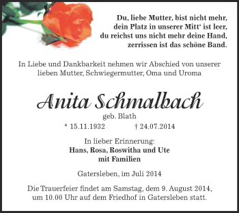 Traueranzeige von Anita Schmalbach von WVG - Wochenspiegel Aschersleben