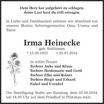 Traueranzeige von Irma Heinecke von WVG - Wochenspiegel Bernburg