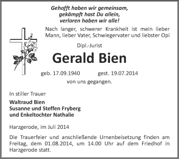 Traueranzeige von Gerald Bien von Super Sonntag Quedlinburg