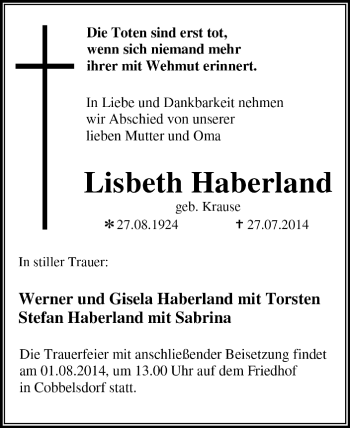 Traueranzeige von Lisbeth Haberland von WVG - Wochenspiegel Dessau / Köthen