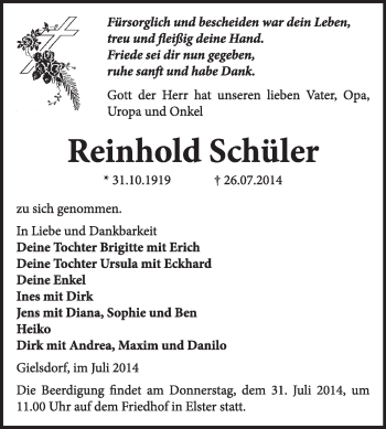 Traueranzeige von Reinhold Schüler von WVG - Wochenspiegel Wittenberg