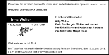 Traueranzeige von Irma Wolter von Super Sonntag Quedlinburg