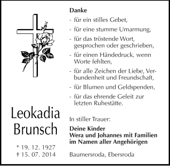 Traueranzeige von Leokadia Brunsch von Mitteldeutsche Zeitung Naumburg/Nebra