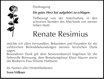 Traueranzeige von Renate Resimius von Mitteldeutsche Zeitung Halle/Saalkreis