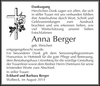 Traueranzeige von Anna Berger von Mitteldeutsche Zeitung Mansfelder Land