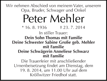 Traueranzeige von Peter Mehler von Mitteldeutsche Zeitung Halle/Saalkreis