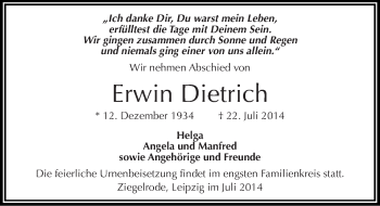 Traueranzeige von Erwin Dietrich von Mitteldeutsche Zeitung Mansfelder Land