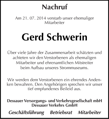 Traueranzeige von Gerd Schwerin von Mitteldeutsche Zeitung Dessau-Roßlau