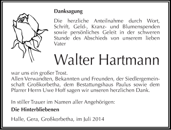 Traueranzeige von Walter Hartmann von Mitteldeutsche Zeitung Weißenfels