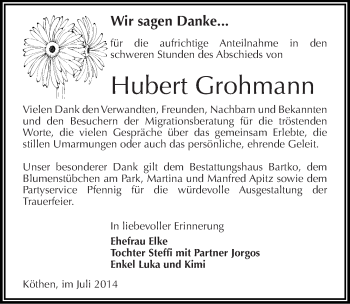 Traueranzeige von Hubert Grohmann von Mitteldeutsche Zeitung Köthen